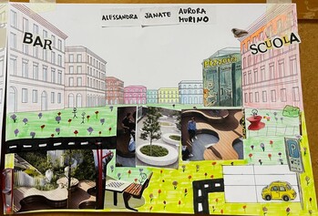 Piazza pedonale verde per relax e servizi